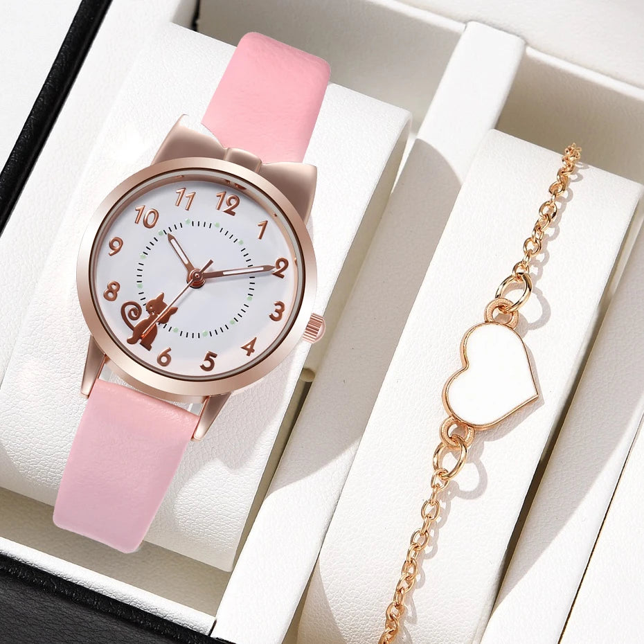 Fashion Women's Quartz Watch PU Leather Strap Student Cute Cartoon Girl WatchesJewlery Set NO BOX