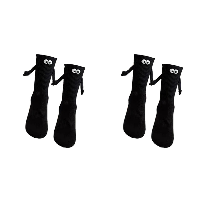 2 Pairs Hand Holding Socks Medium Tube Socks Men And Women's Trend Personalized Magnetic Suction Black And White Couple Socks