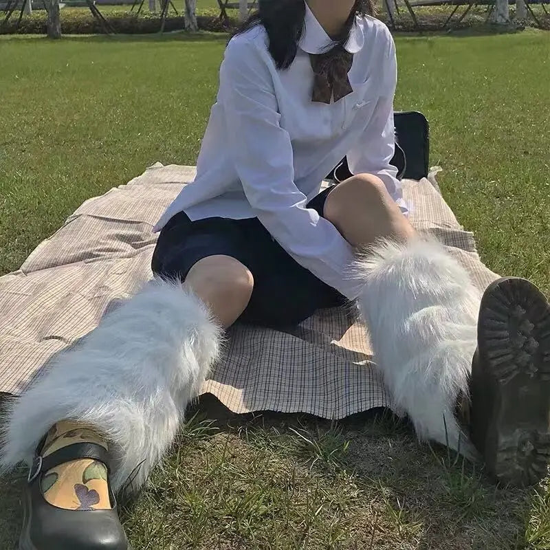 Women's Artificial Fur Leg Warmers Japanese Lolita Autumn And Winter Black And White Knitted Socks Leg Warmers For Women