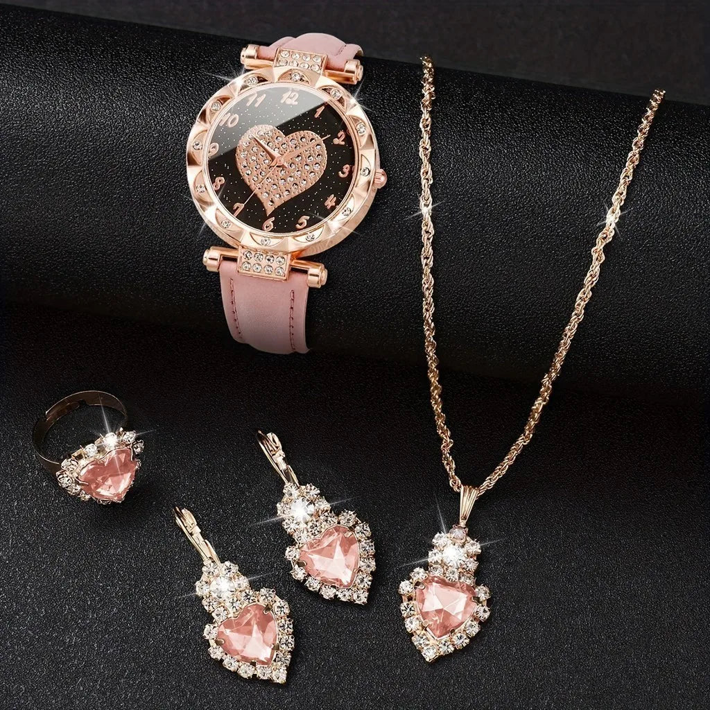 Kegllect 5PCS Women Quartz Watch Set for Gift Heart Shaped Rhinestone Accessories Mother Her