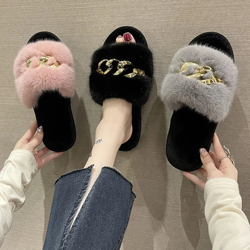 Autumn /winter Metal Chain Woolen Cotton Slippers Fashion Warm Women's Large Fur Flat Heel Straight Slippers Home Cotton Slipper