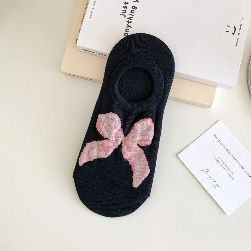 5 Pairs Summer Autumn Boat Socks For Women Non-slip Silicone Invisible Shallow Mouth Bow Socks Ankle Sock Slippers