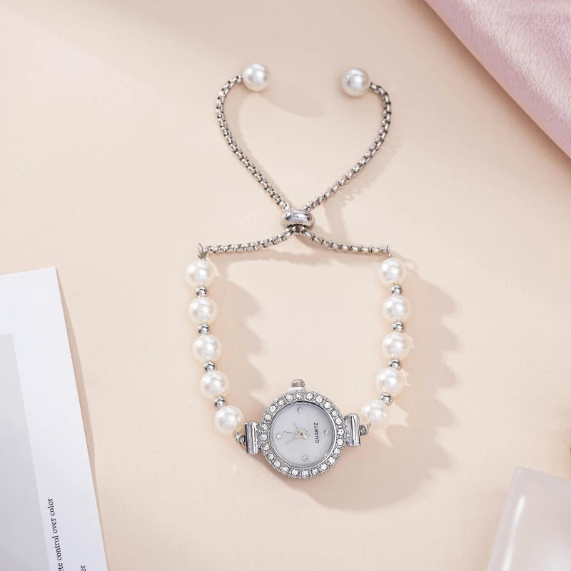 Kegllect Ladies Round Quartz Watch Women Luxury Pearl Bracelet Adjustable Strap Diamond Watches Jam Tangan Perempuan