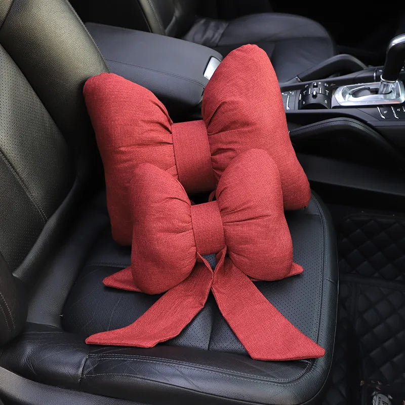 Fashion car headrest with bows cotton and linen pillow suitable for plaid's road trips and cute interior decorations
