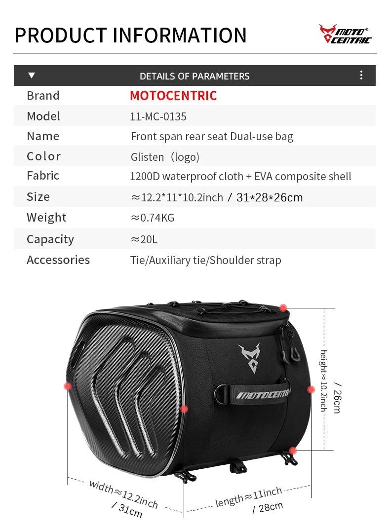 MOTOCENTRIC 20L Waterproof Motorcycle Back Seat Bags Reflective Design Motorbike Touring Tail Bag Moto Rear Seat Bags Saddlebags