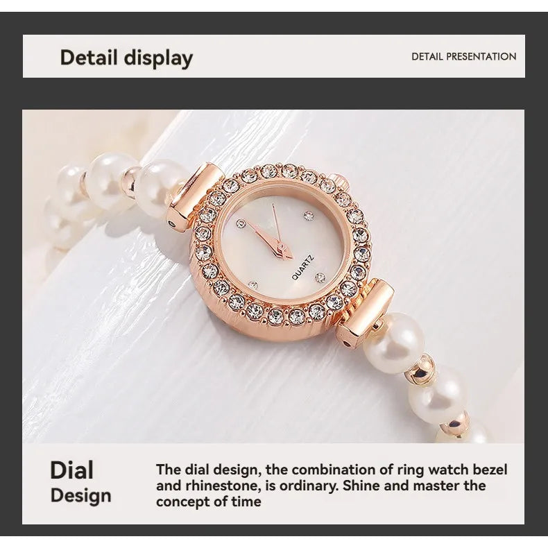 Kegllect Ladies Round Quartz Watch Women Luxury Pearl Bracelet Adjustable Strap Diamond Watches Jam Tangan Perempuan
