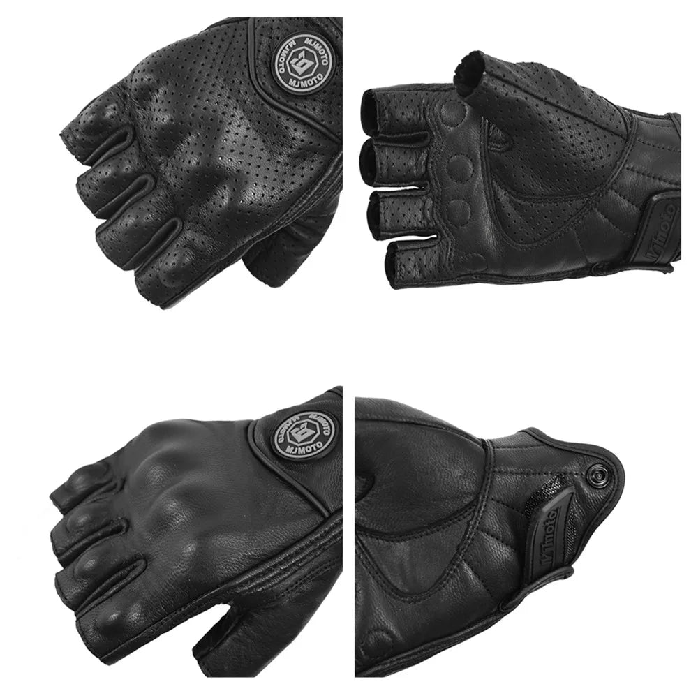 Summer Half Finger Motorcycle Gloves Retro Black Leather Motorbike Racing Gloves Motocross Moto Biker Cycling Fingerless Gloves