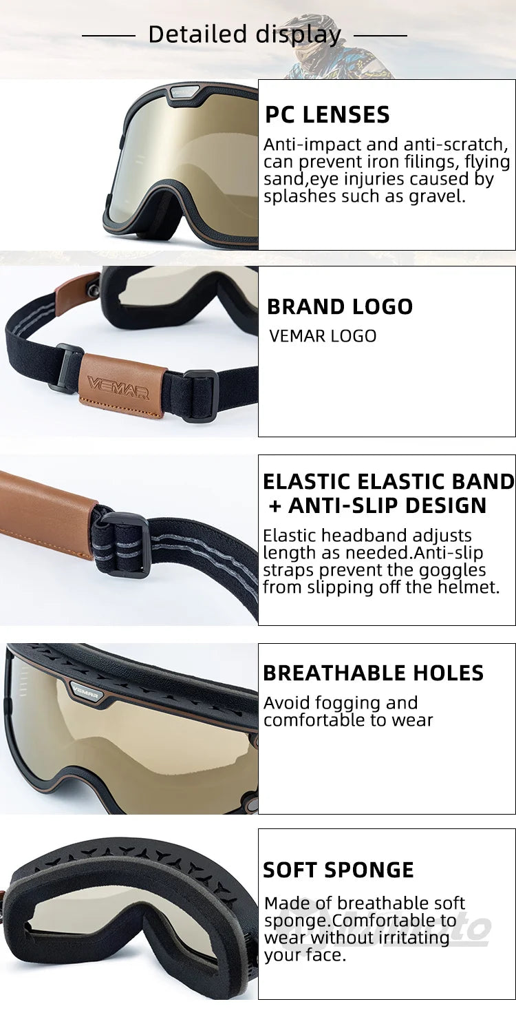 VEMAR Retro Motorcycle Goggles Windproof Anti-fog Glasses For Motorcycle Helmet Moto Sports Cycling Cafe Racer Chopper Goggles