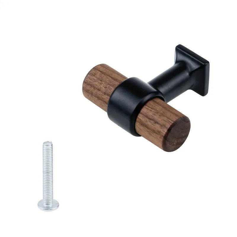 4pcs North American Black Walnut Color Furniture Handles Brass Door Pulls Solid Wooden Knobs T-Bar Kitchen Cabinet Wood Handle