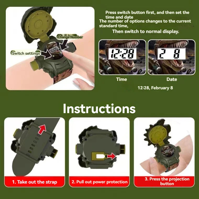 Stylish 3D Children's Dinosaur Electronic Watch Boys Projection Watches 24 Projection Patterns Boys Girls Birthday Gift
