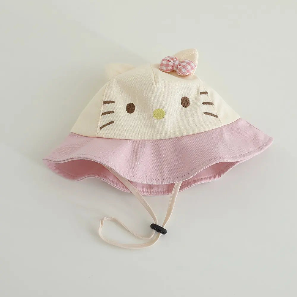 Panama Summer Cute Cat Bowknot Baby Bucket Hat for Girls Cotton Toddler Sun Cap Children Beach Sun Hat Kids UV Protection Cap