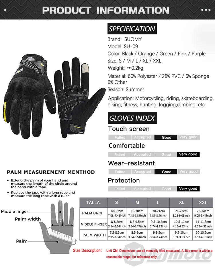 SUOMY Summer Motorcycle Gloves Men Women Touch Function Motorbike Racing Glove Full Finger Guantes Moto Biker Cycling Gloves