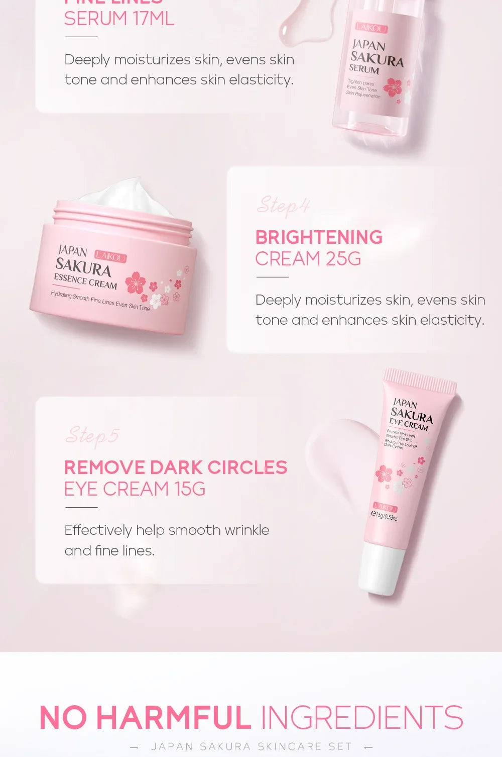 LAIKOU Sakura Kit Skin Care Sets Moisturizing and Reducing Fine Lines Cleansing Pore Product Korean Skincare Set 5-Piece