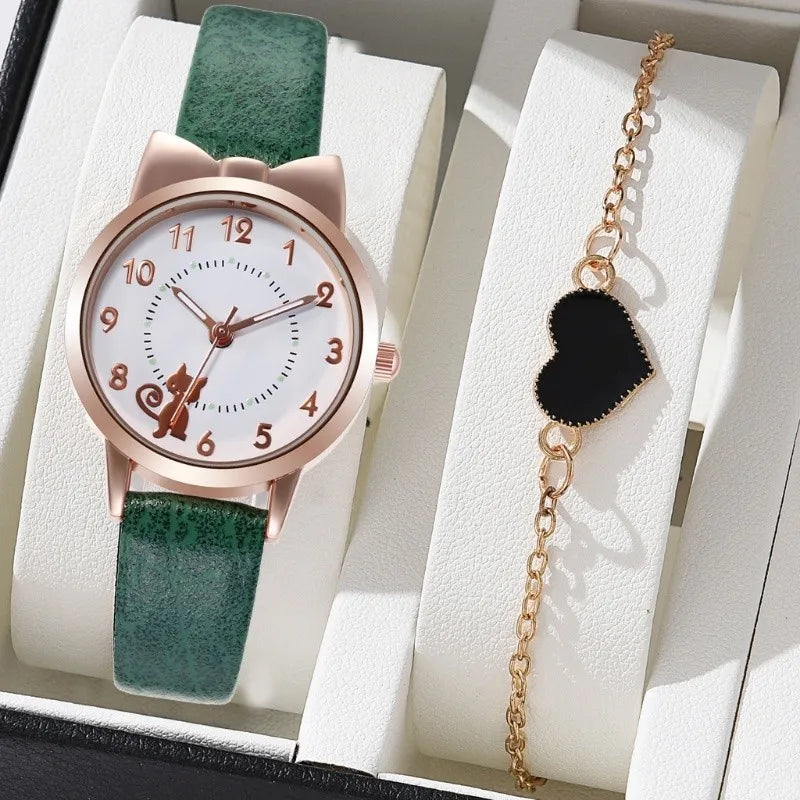 Fashion Women's Quartz Watch PU Leather Strap Student Cute Cartoon Girl WatchesJewlery Set NO BOX