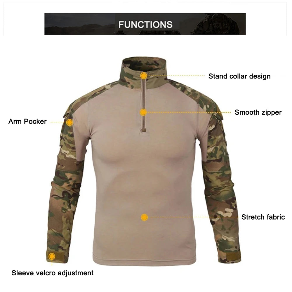 Outdoor Tactical Hiking T-Shirts Men Combat Camouflage Long Sleeve Hunting Training Climbing Shirt Cotton Sport Clothes
