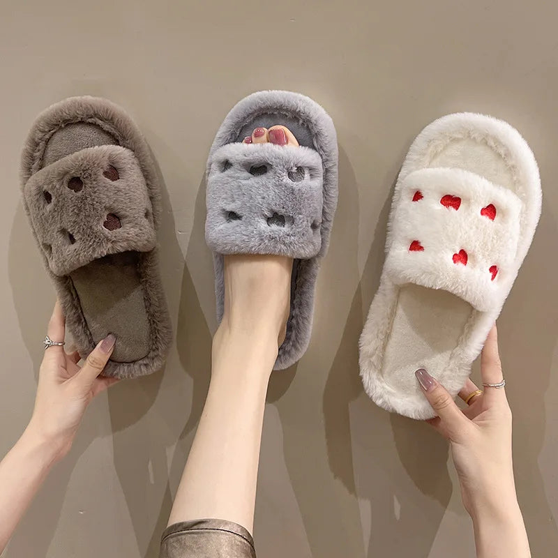 Fur Women Slippers Winter New Fashion Plush Shallow Mouth Indoor Outdoor Flip-flop Casual Bedroom Solid Color Slides Flat Shoes