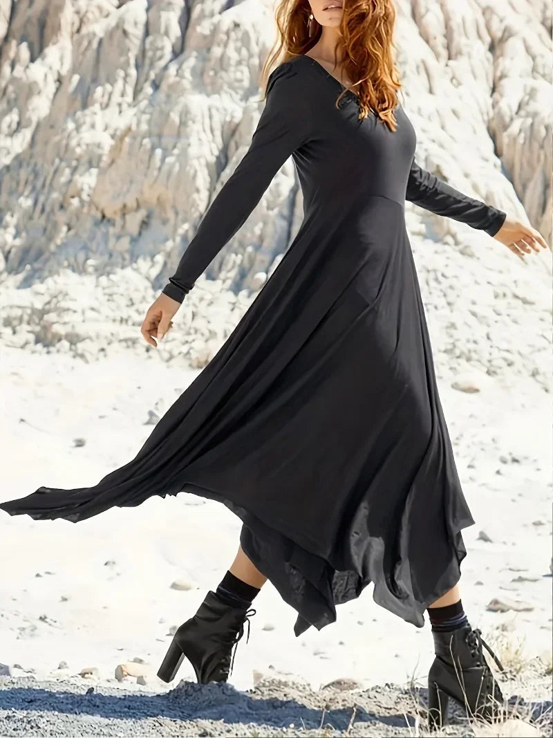 Plus Size 1XL-5XL Women's Solid V-neck Simple Irregular Hem Skirt Long Sleeved Top Tight Bottom Loose A-line Skirt Dress