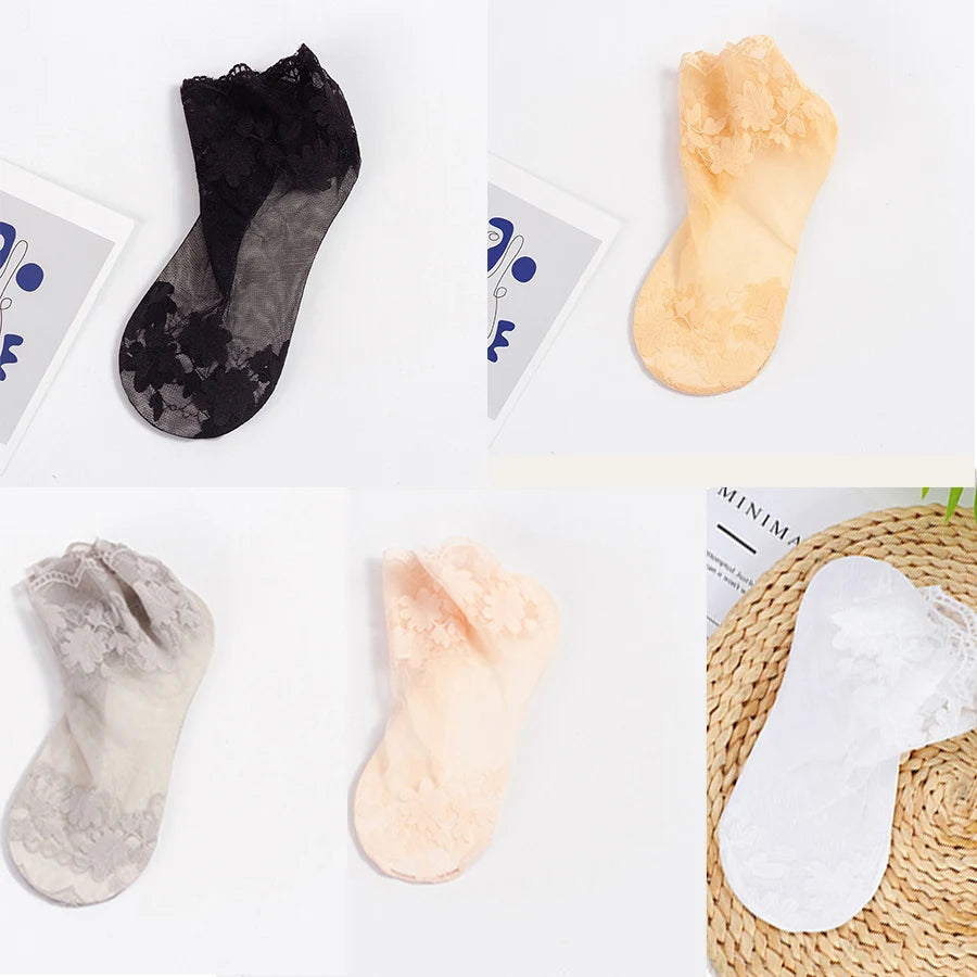 5 Pairs/Lot Socks women's Lace Transparent Lolita Invisible Summer Thin Non-slip Short Ankle Black Low Cut Boat Sock