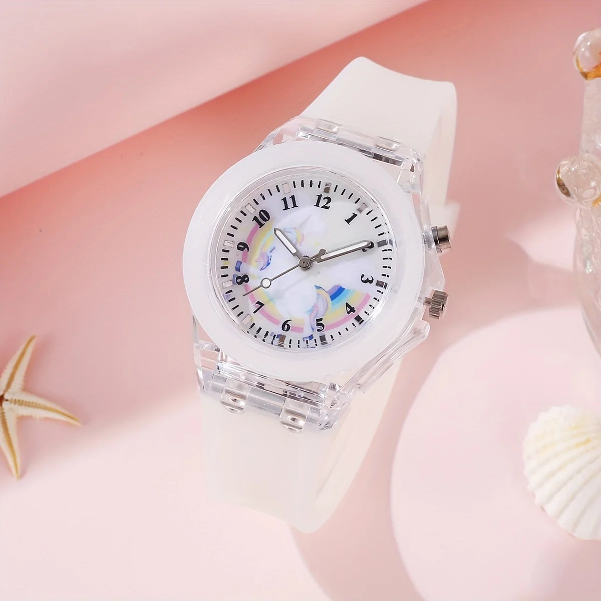 1/2pcs/set, 1pc Girls Light LED Luminous Cartoon Unicorn Quartz Wristwatch & 1pc Beaded Bracelet, Ideal choice for Gifts