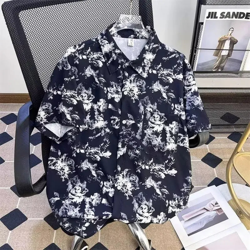 New Chinese ink painting full printed short sleeved shirt for men's summer casual wear with a sense of luxury, retro five quarte