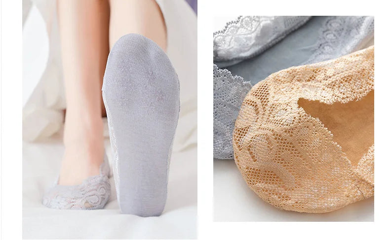 Socks For Women Summer Thin Fashion Lace Flower Invisible No Show Short Antiskid Ankle Socks Soft Boat Sock 5 Pairs