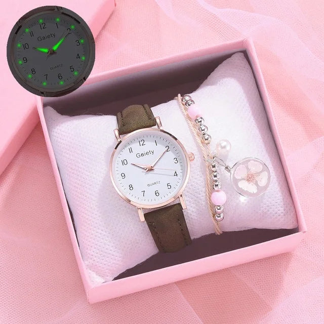 Women's Fashion Simple Glow Leather Watch Strap Quartz Watches Free Two Piece Bracelet Set No Box