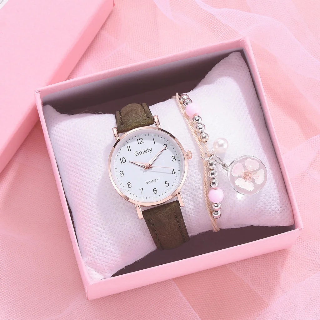Women's Fashion Simple Glow Leather Watch Strap Quartz Watches Free Two Piece Bracelet Set No Box