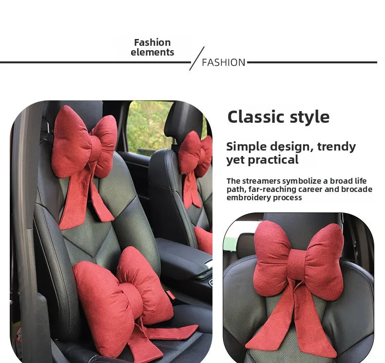 Fashion car headrest with bows cotton and linen pillow suitable for plaid's road trips and cute interior decorations