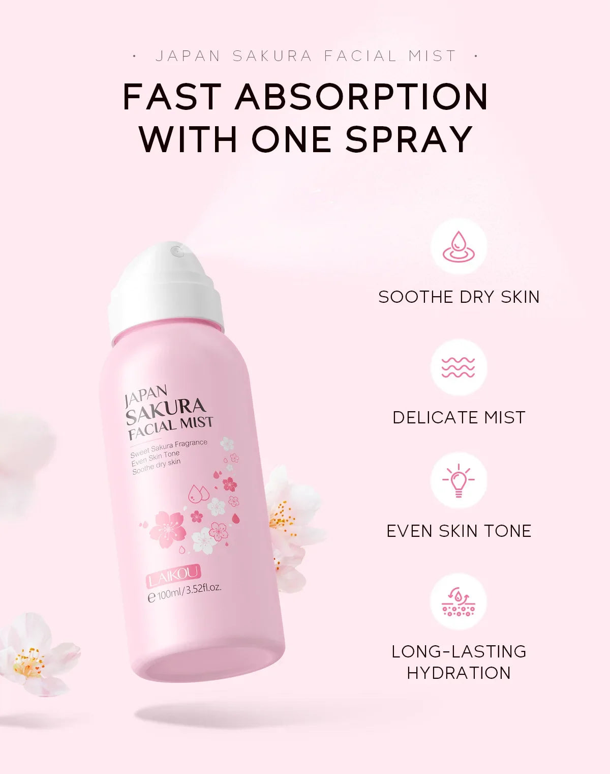 LAIKOU Sakura Facial Mist Toner Hydrating Moisturize Gentle Repair Brightening Skin Improve Glow Serum Toner Spray 100ml