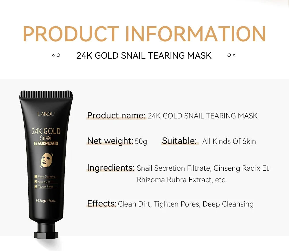 Laikou Peel Off 24K Gold Snail Collagen Mask Reduce Blackheads Deep Cleaning Oil-Control Shrink Pores Hydrating Smooth Face Care