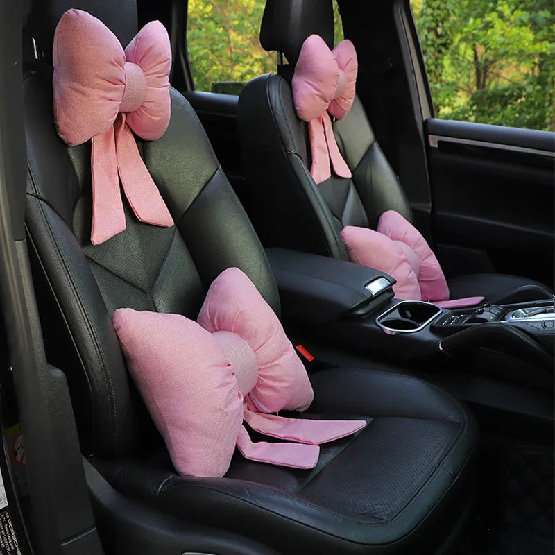 Fashion car headrest with bows cotton and linen pillow suitable for plaid's road trips and cute interior decorations