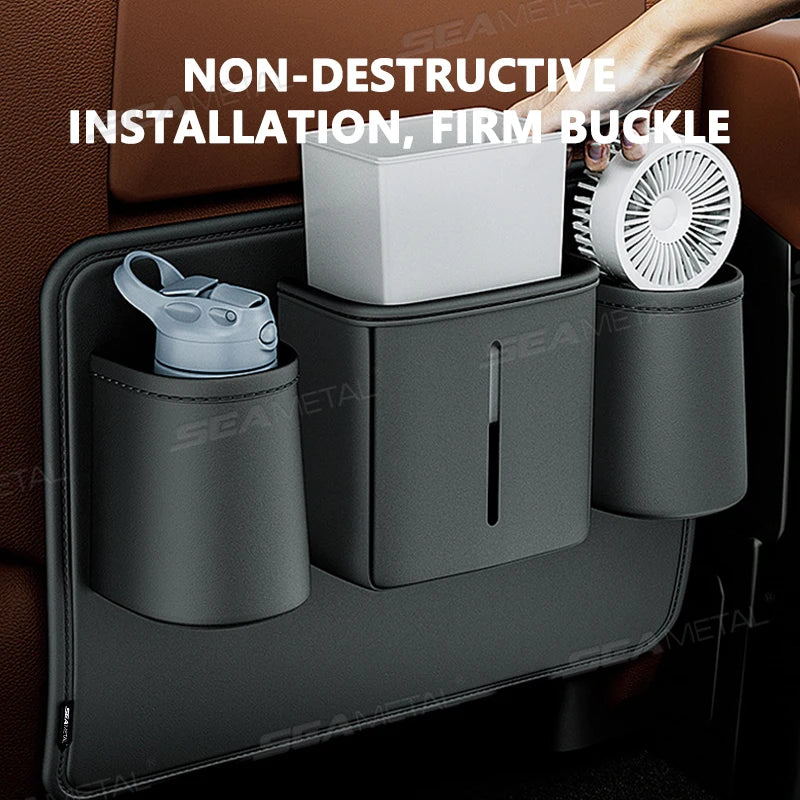 BLALION Car Seat Back Organizer PU Anti Kick Pad Short Auto Tissue Pocket Storage Bag With Cup Holder Trash Can Bin Accessories