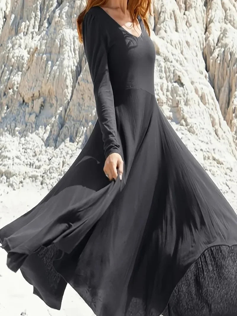 Plus Size 1XL-5XL Women's Solid V-neck Simple Irregular Hem Skirt Long Sleeved Top Tight Bottom Loose A-line Skirt Dress