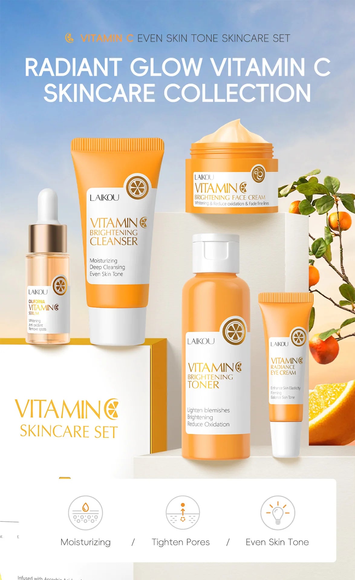 LAIKOU 5pcs Vitamin C Skin Care Set Deep Cleansing Facial Cleanser Face Cream Moisturizer Toner Eye Serum Gift Box Skin Care