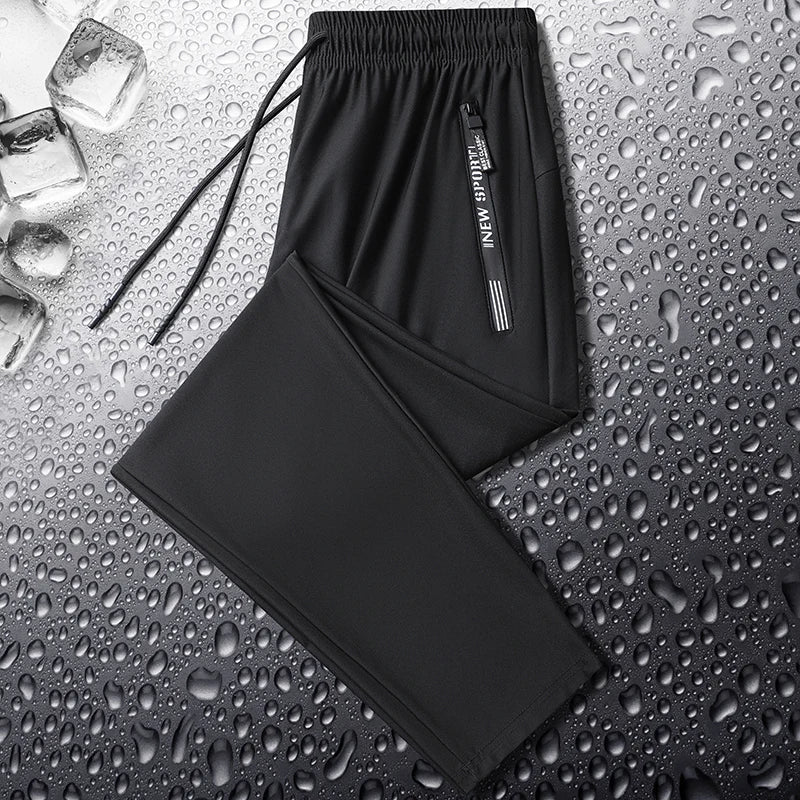 Summer Spring Men's Waist Drawstring Quick Dry High Stretch Solid Color Sports Training Outdoor Long Pants With Zipper Pockets