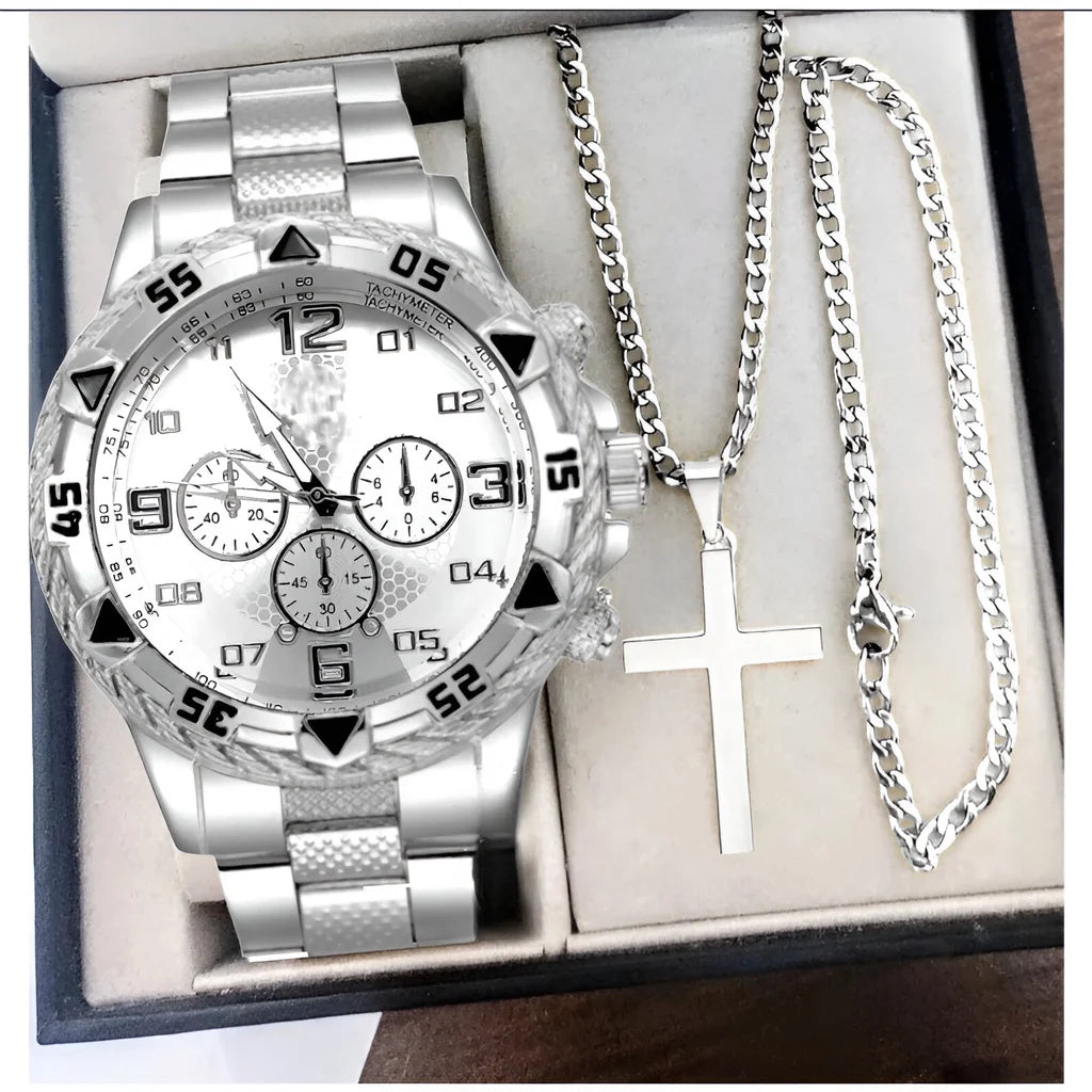 Kegllect Men Steel Band Quartz Watch Digital Scale Wristwatch Necklace Bracelet Set