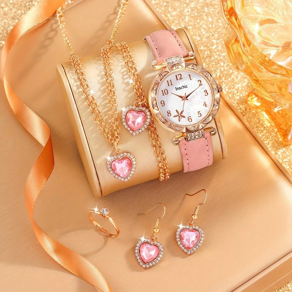 6pcs/set Women's Round Dial Watch Rhinestone Starfish Pattern Pink Belt Quartz Heart-shaped Jewelry Set