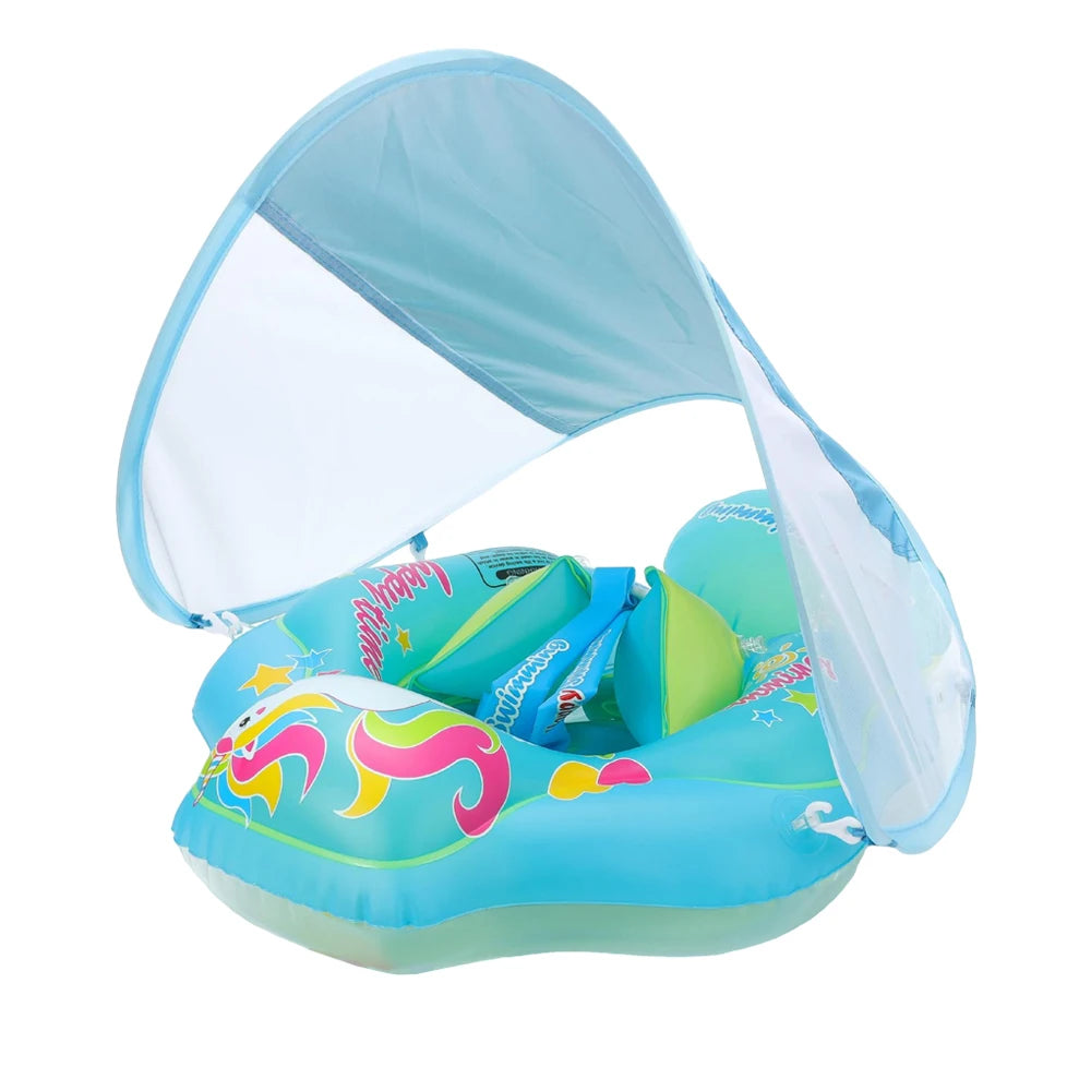 Baby Swim Float Baby Pool Float Inflatable Swimming Float Ring Toddler Pool Float Swim Trainer Float with Bottom Seat Sun Canopy