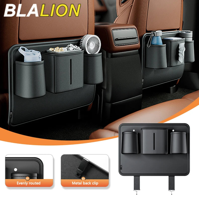 BLALION Car Seat Back Organizer PU Anti Kick Pad Short Auto Tissue Pocket Storage Bag With Cup Holder Trash Can Bin Accessories