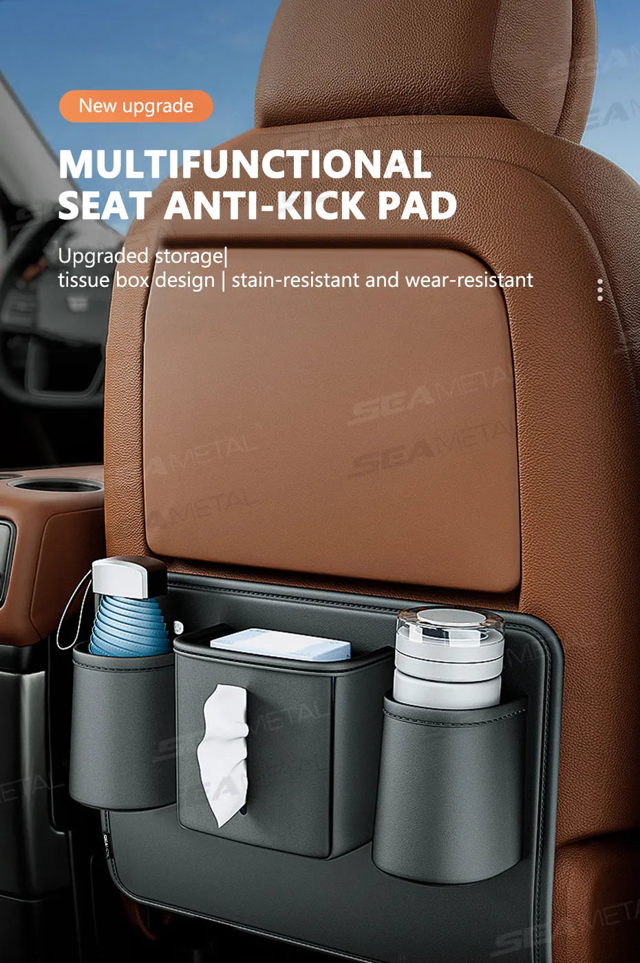 BLALION Car Seat Back Organizer PU Anti Kick Pad Short Auto Tissue Pocket Storage Bag With Cup Holder Trash Can Bin Accessories