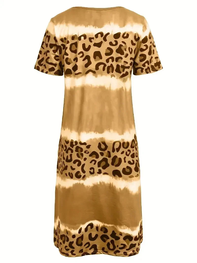Women's Plus Size 1XL-8XL Fashion Casual Dress Short Sleeve Dress Tie Dye Leopard Short Sleeve V Neck Slight Stretch Dress