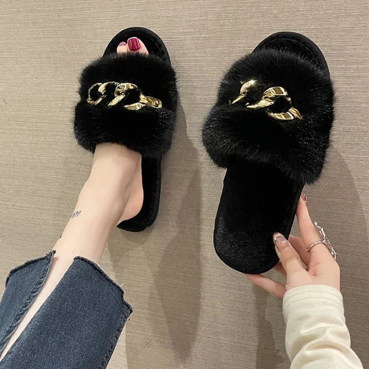 New autumn and winter metal chain hairy slippers fashionable and warm large fur flat heel cotton slippers