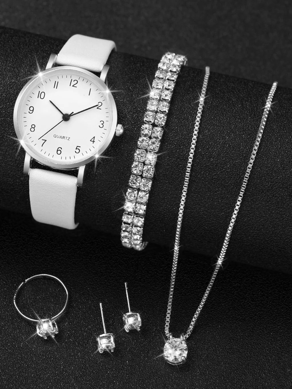 Women Small Dial Digital Wristwatch Ladies Simple Leather Strap Quartz Watch with Rhinestones Jewelry Gift Set No Box