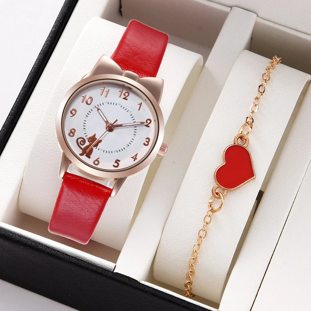 Fashion Women's Quartz Watch PU Leather Strap Student Cute Cartoon Girl WatchesJewlery Set NO BOX