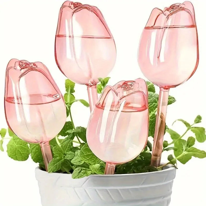 5PCS Plastic Pink Tulip Plant Watering Balls Narrow Outlet Design for Prolonged Dropping Suitable for Indoor and Outdoor Plants