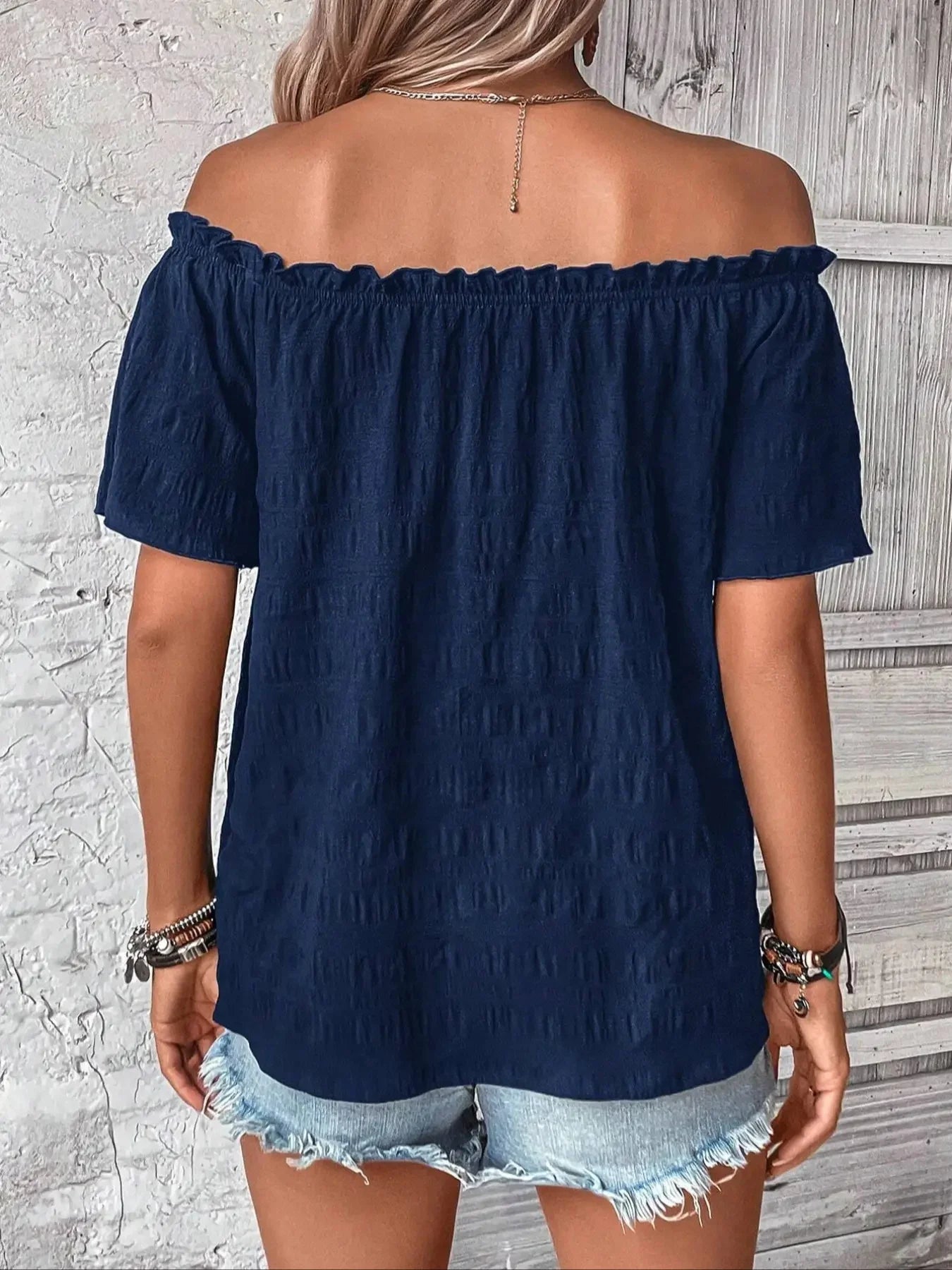 Women's Fashion Off The Shoulder Shirt Casual Pleated One Shoulder Short Sleeve Shirt Versatile Solid Color Shirt