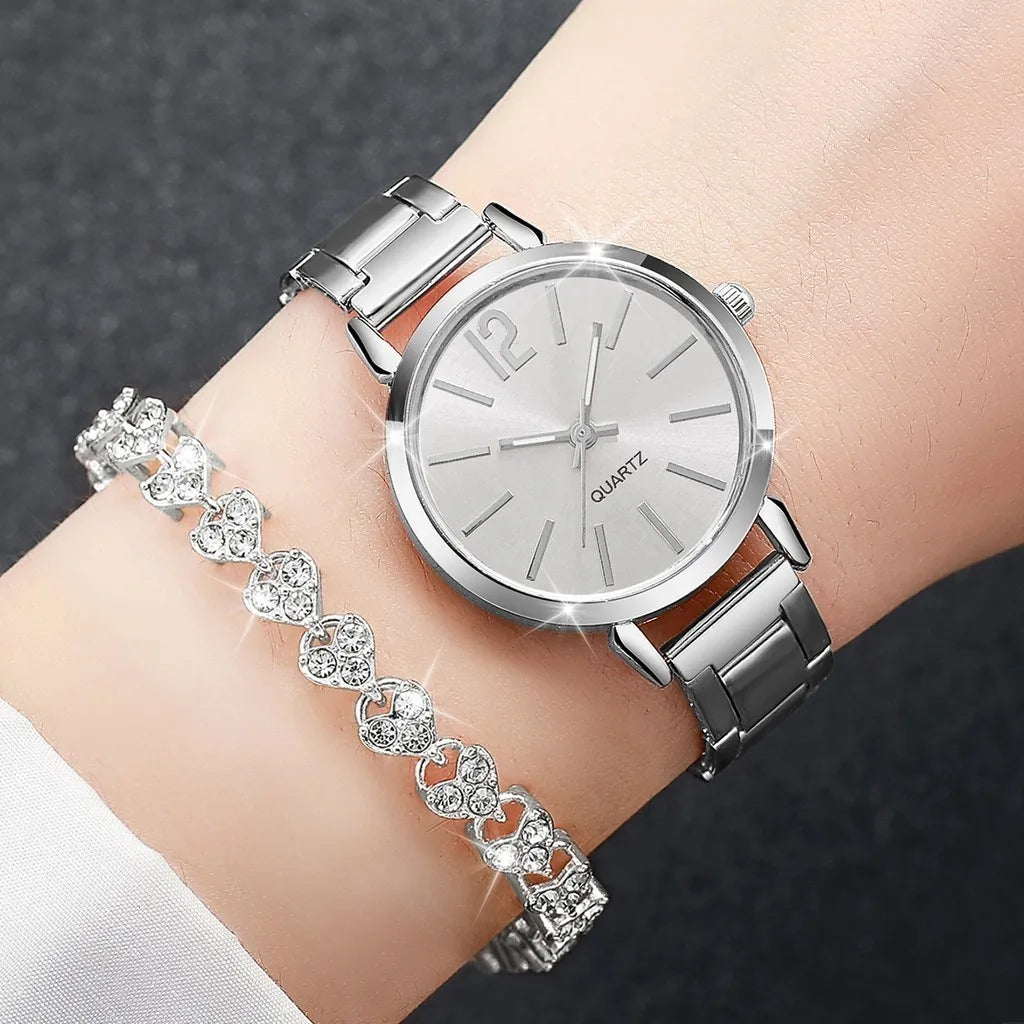 Kegllect 6PCS Ladies Small Dial Watch Diamond Encrusted Bracelet Set Three Colors Steel Belt Watches Exquisite Round WristWatch