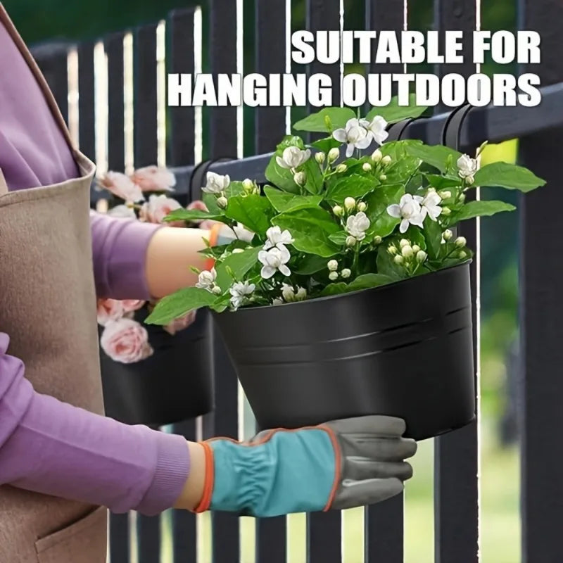 Iron Hanging Flower Pots Hanging Planters for Outdoor Plants Metal Railing Fence Planter with Drainage Holes and Hooks
