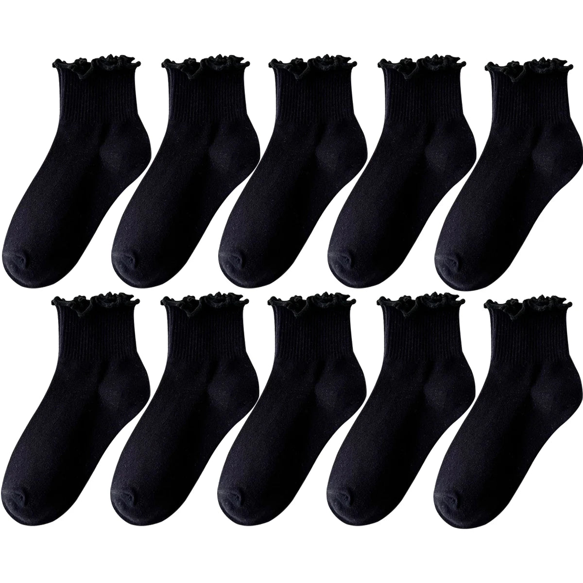 5 Pairs Socks for Women Ruffle Tube Ankle Short Breathable Cuffed Black White Set Spring Autum Soft Solid Color