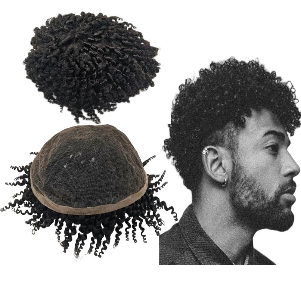 NLW 8mm Afro Curl Men Toupee 10*8 Hair replacement system for Men Full Lace Hair pieces Hair prosthesis Hair units base